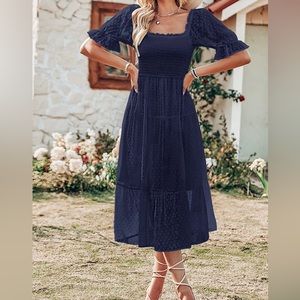 Women’s summer navy square neck puff sleeve boho midi dress size medium